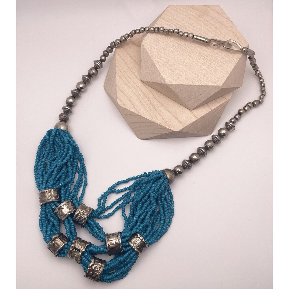 Southwestern Blue Seed Bead Statement Necklace with Silvertone Beads for Women